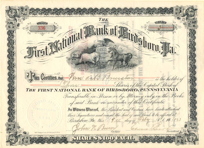 First National Bank of Birdsboro, Pennsylvania - 1923 dated National Banking Stock Certificate